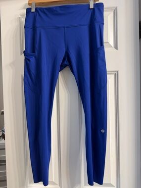 Women's Royal Blue Athletic Leggings with Side Pockets- Fast and Free 23” no hem